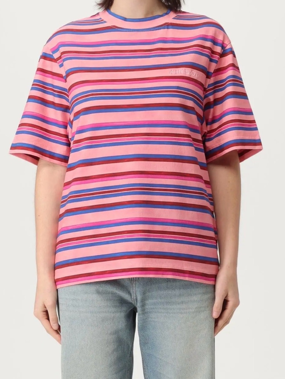 Khrisjoy Celeste Stripes Tee in Cameo Rose, Size Small